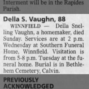 Obituary for Delia Snelling Vaughn